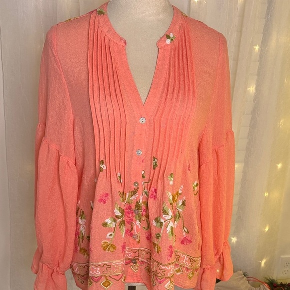Hope Springs Tops - Chic Coral Blouse with Floral Details